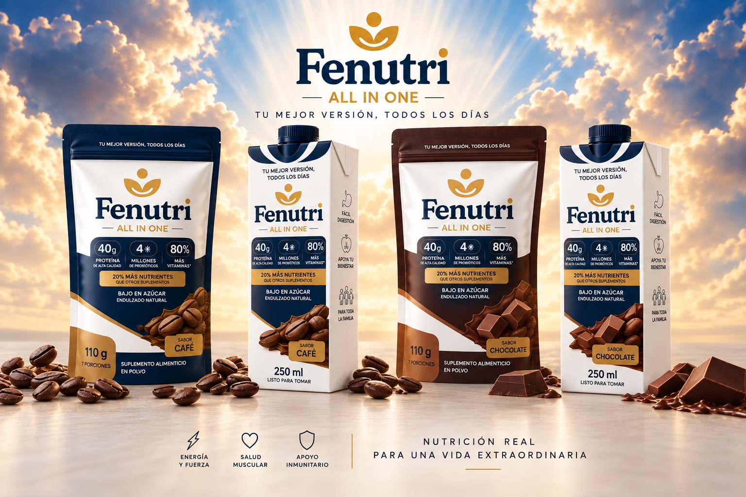 Fenutri café y chocolate en sobre y tetrapack entre nubes iluminadas